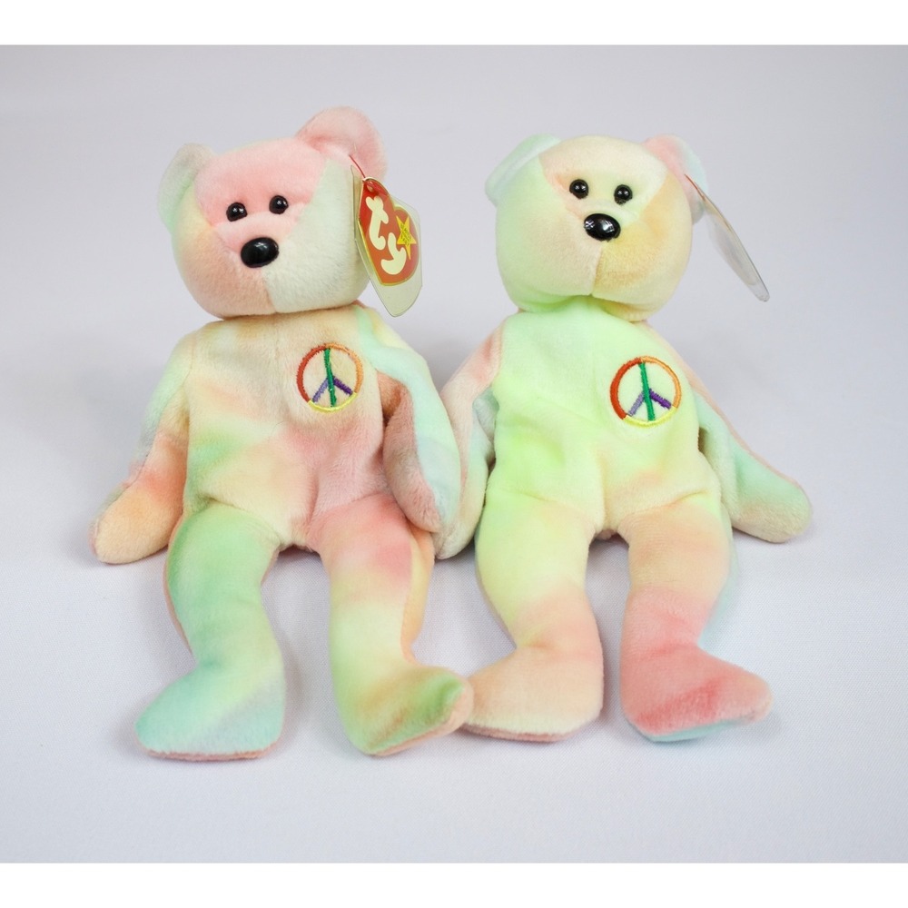 TY Beanie Babies Peace Bear #102 Pastel Lot of 2 TY‎ INC